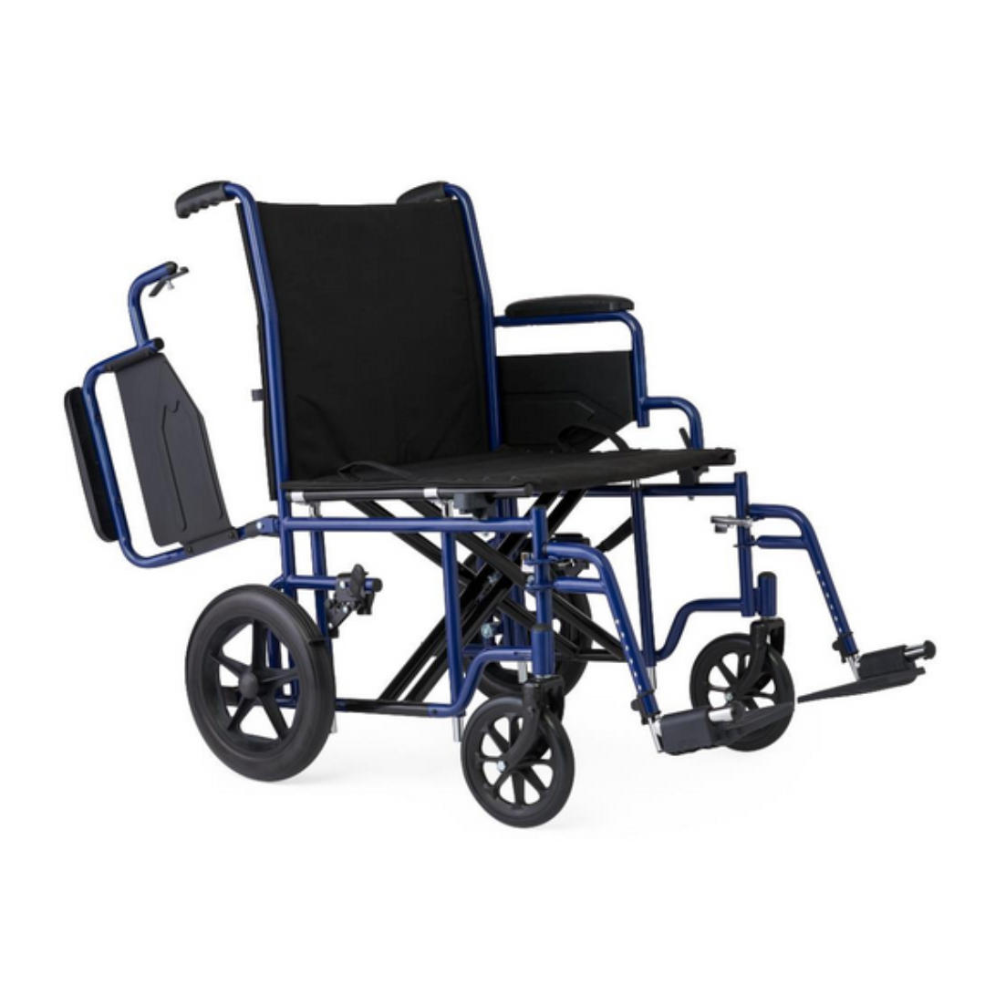 The Medline Folding Bariatric Transport Chair is a blue manual wheelchair with a black seat and armrests, featuring large rear and smaller front wheels. It has swing-away footrests, push handles, detachable side panels, and is designed for high weight capacity.